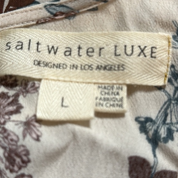SALTWATER LUXE LA Top Blouse 3/4 Sleeves Cream Blue Floral size Large L Gathered - Picture 5 of 7